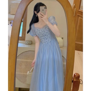 Đầm midi nữ xanh phối ren hoa trước tay ngắn phồng freesize Pumi
