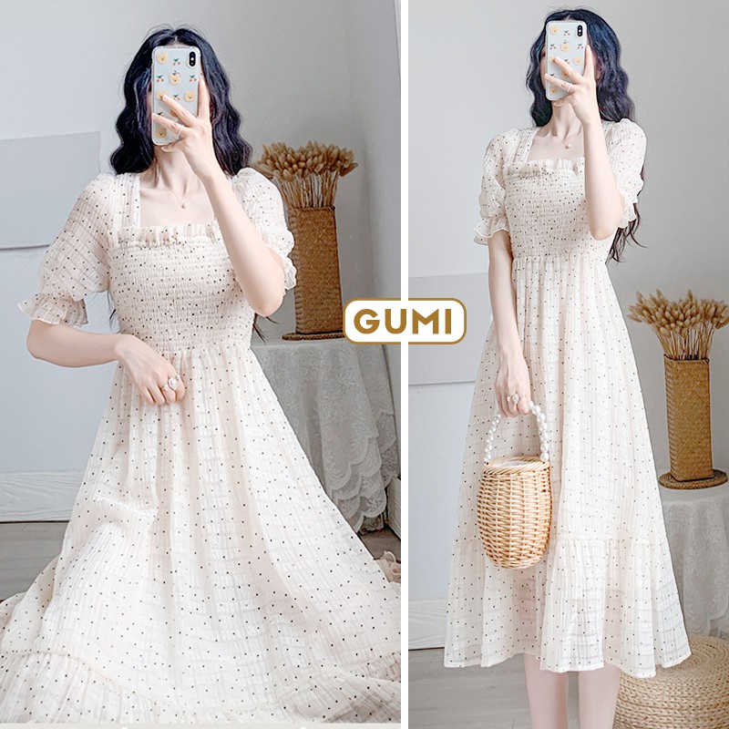 Đầm maxi đi biển trắng cổ vuông chấm bi - Váy maxi chấm bi biển xinh đẹp GM2090