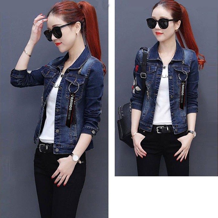 Áo Khoác Jean Nữ Dài Tay Thêu Hoa Kèm Khoen Túi,Áo Khoác Bò,Jean Dài Tay