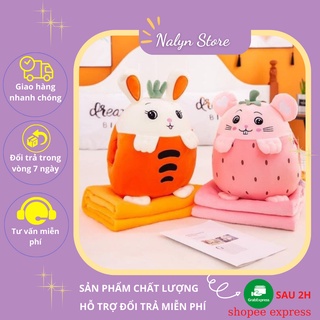 Bộ chăn gối văn phòng trái cây hình thú 3in1 thun 4 chiều siêu mịn