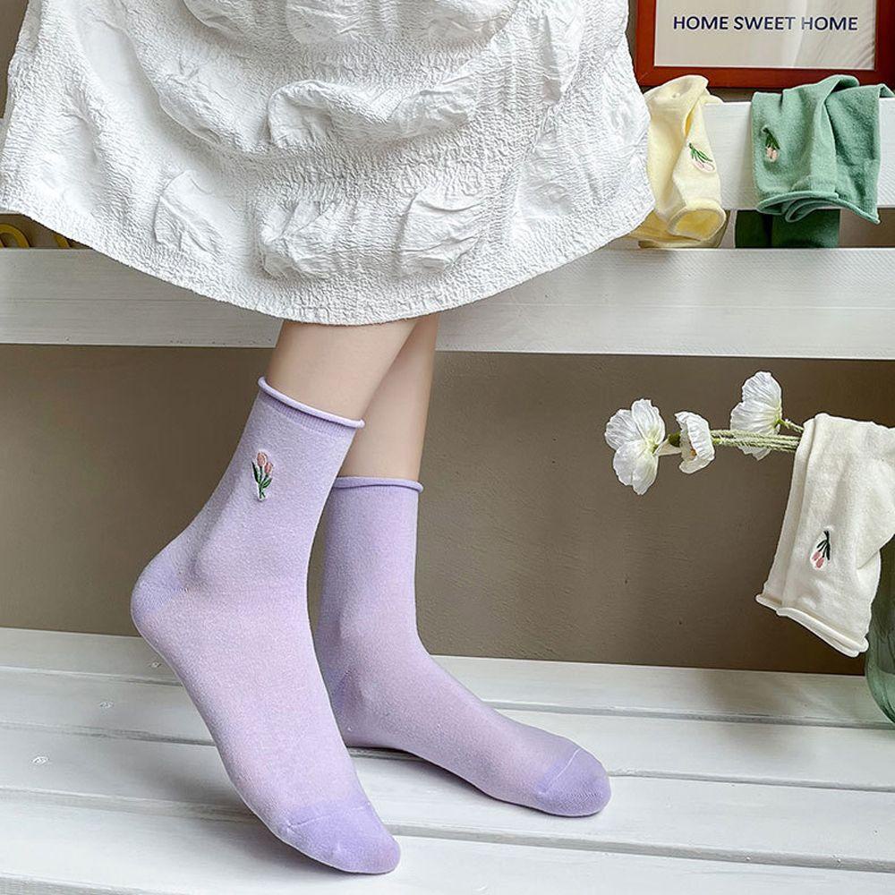 AROMA Vớ Cotton Màu Trơn Thoáng Khí Thêu Hình Hoa Tulip Thời Trang Cho Nữ