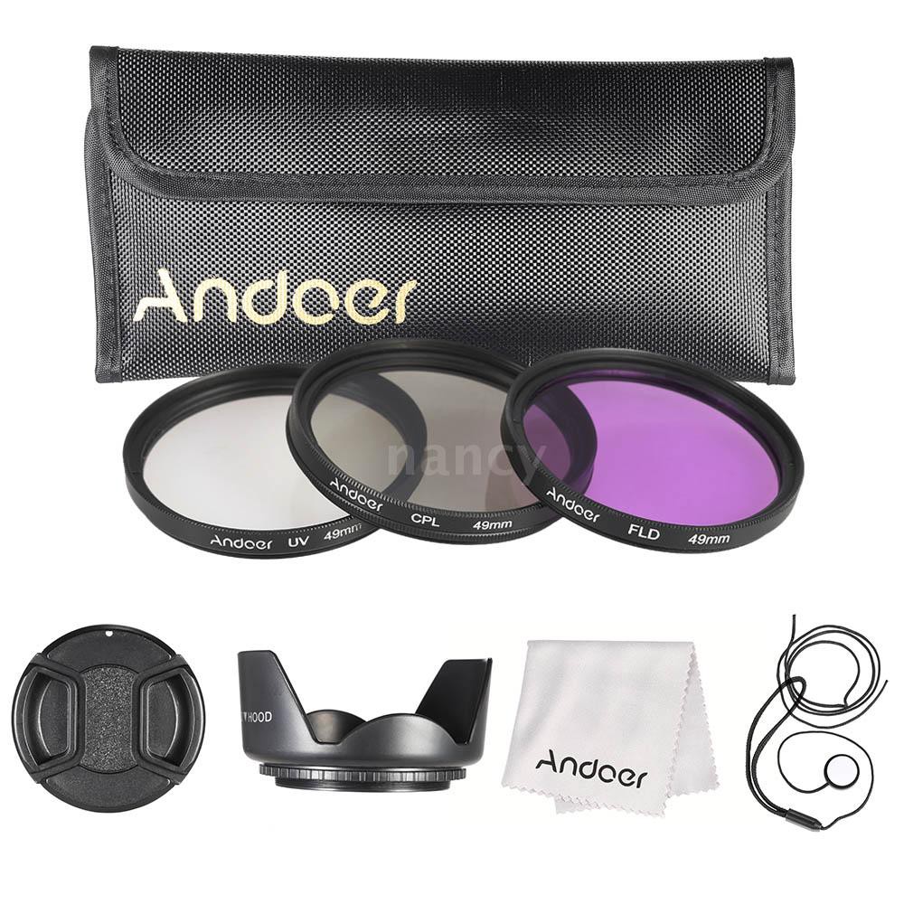 Bộ lọc 49mm Andoer (UV + CPL + FLD) + Túi đựng nilon + Nắp ống kính + Giá đỡ + Loa che nắng + Dụng cụ vệ sinh máy ảnh
