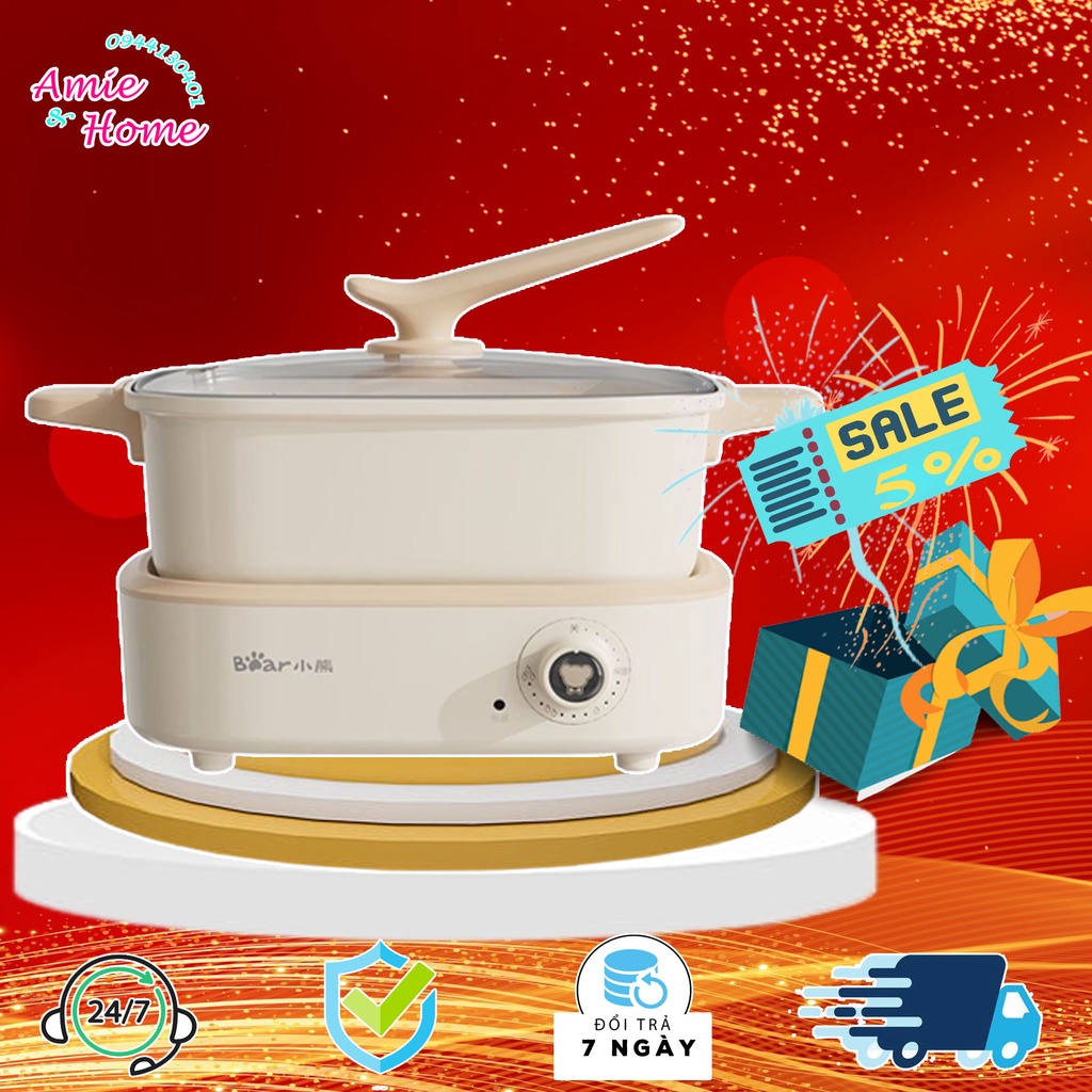 Nồi lẩu nướng điện đơn tháo rời BEAR DHG-C40M1 - 1500W nhanh sôi - dung tích 4L-trắng kem