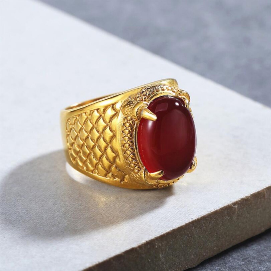 Nhẫn titan đeo tay pha lê màu xanh lá cây đỏ mạ vàng thời trang nam