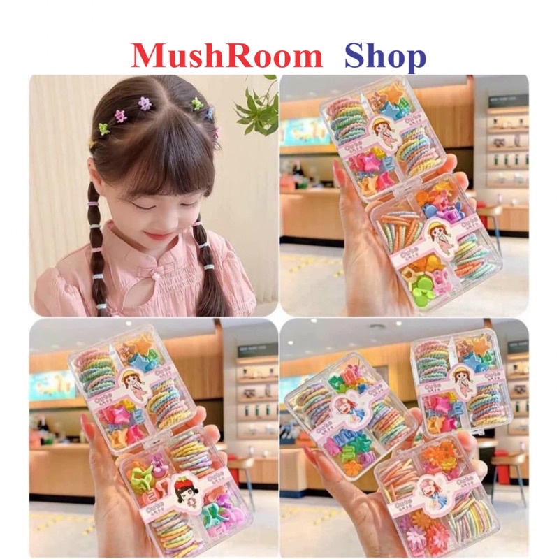 Hộp Dây Buộc Tóc Mix Kẹp Tóc Càng Cua Nhiều Màu Cho Bé Hộp Vuông 4 Ngăn