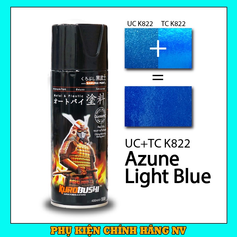 Sơn Samurai màu xanh sáng UCK822+TCK822 chính hãng, sơn xịt dàn áo xe máy chống nứt nẻ, kháng xăng