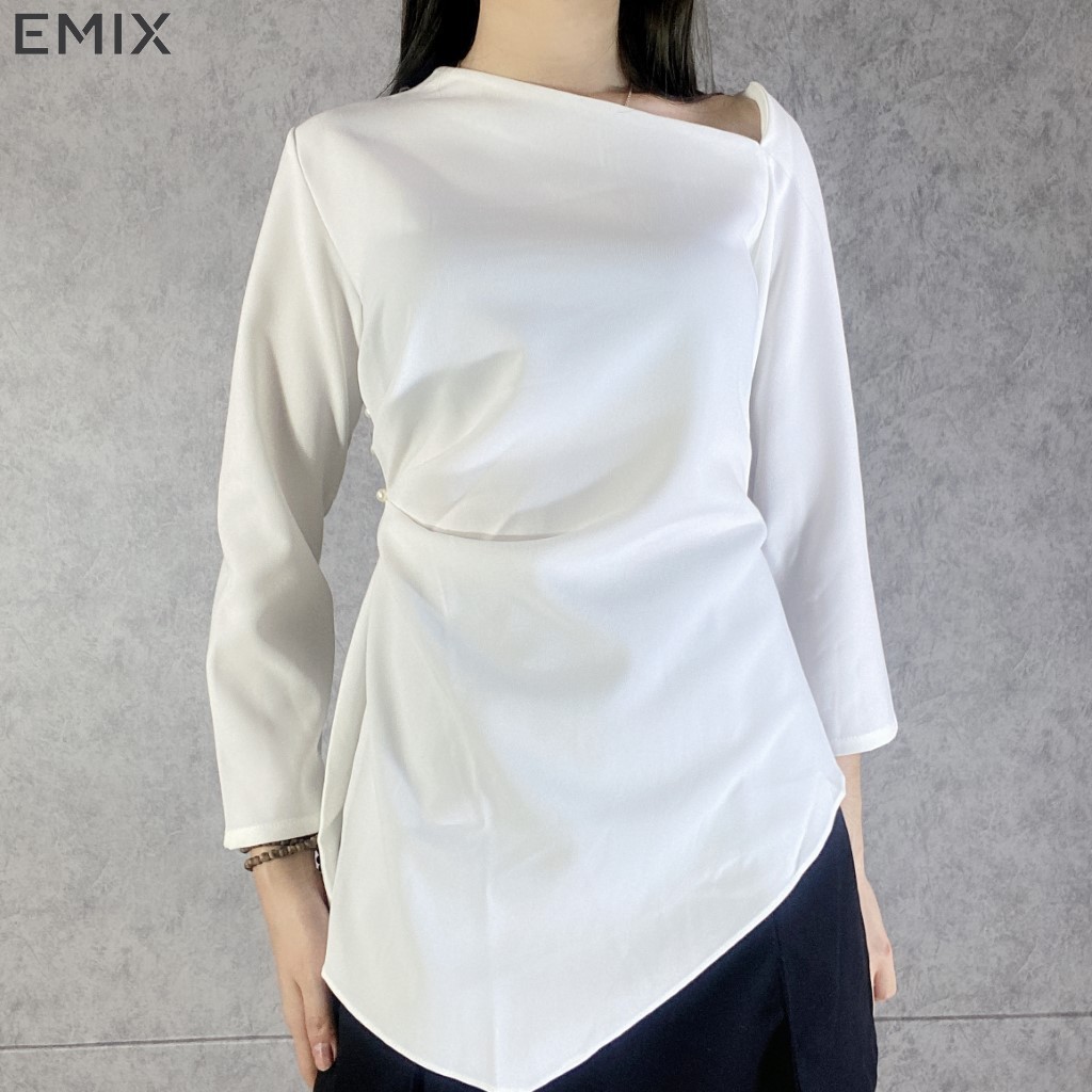 Áo lệch vai vạt chéo EMIX (màu trắng), dài tay, vạt lệch cá tính, chất thun dẻo mềm mịn, ôm eo tôn dáng a69
