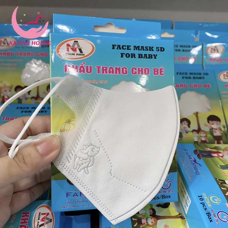 Khẩu trang y tế trẻ em 3 lớp kháng khuẩn 5D mask Famapro Nam Anh, dây đeo mềm mại (hộp 10 cái)