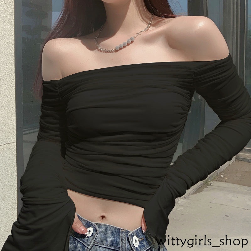 Wittygirls_ Shop | Áo thun trễ vai tay loe phối lưới quyến rũ thời trang cho nữ