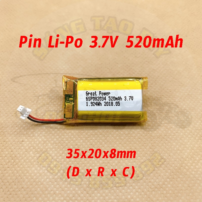 Pin Lithium Polymer 3.7V dung lượng 520 mAh. Pin có mạch bảo vệ và jack cắm