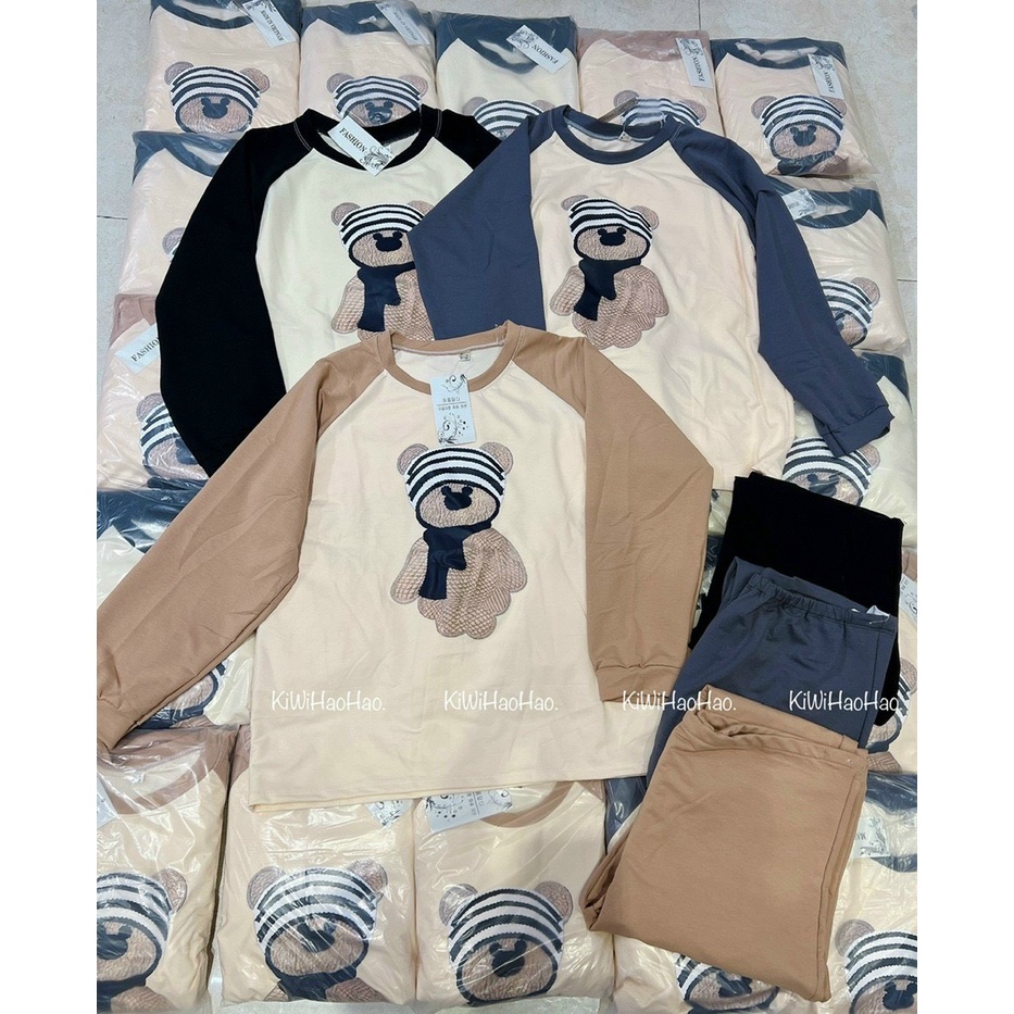 Bộ đồ bầu – Bộ đồ bầu thu đông phối họa tiết Gấu chất Cotton Da Cá mặc bầu và sau sinh BD951
