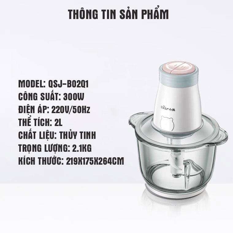 Máy Xay Thịt Cối Inox và Thủy tinh - Công suất 300W, 4 lưỡi dao inox, xay thịt, rau củ quả đa năng