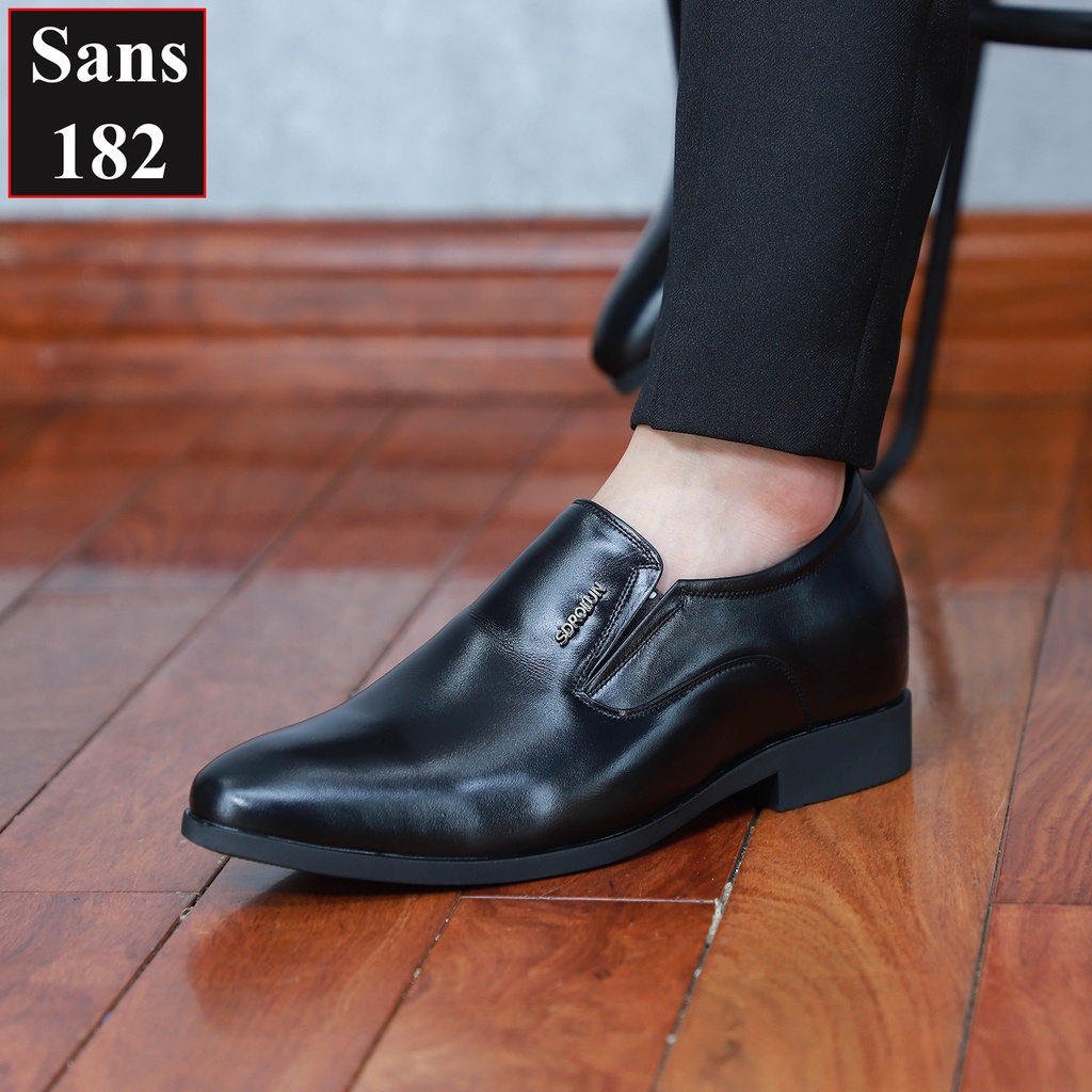 Giày da bò nam thật tăng chiều cao 6cm Sans182 giầy công sở nâng gót độn đế 7cm đen mũi tròn tây mặc vest công sở chú rể