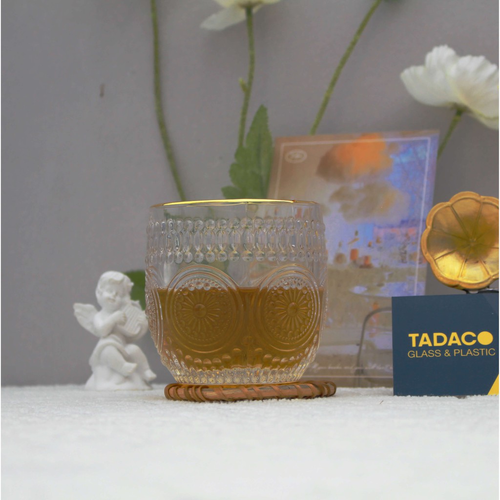 Ly thủy tinh decor cao cấp 265ml Hongli 77309 họa tiết hoa cúc mặt trời ☀️