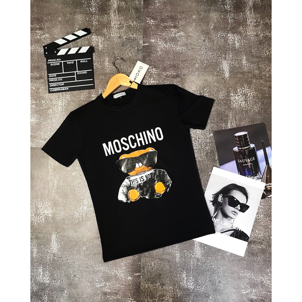 Áo Thun Nam Cổ Tròn Tay Ngắn Phối Hình In Gấu Moschino Thời Trang Phong Cách Chất Liệu Cotton Thấm Hút Mồ Hôi Tốt