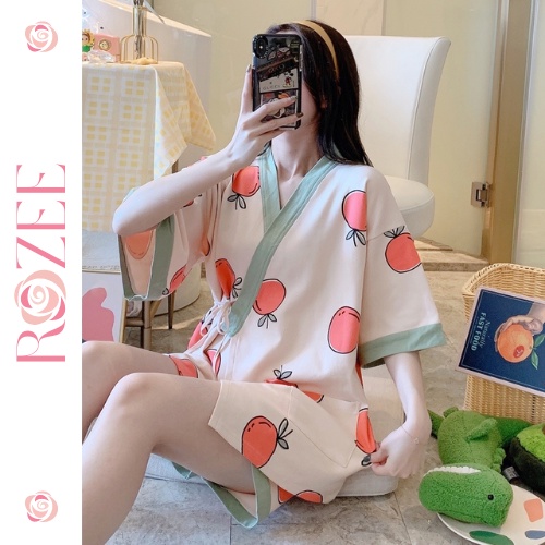Đồ Ngủ Kimono nữ ROZEE kiểu Nhật yukata lụa cộc tay buộc dây