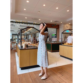 đầm hoa vạt chéo nhiều nút