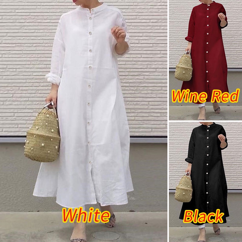 Đầm maxi ZANZEA cổ tròn dài tay gài nút thiết kế dáng rộng đơn giản thanh lịch cổ điển cho nữ