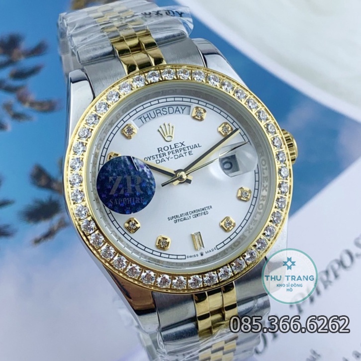 Đồng hồ nam Rolex cơ Automatic máy Nhật mẫu 2 lịch mặt trắng viền đá dây demi size 40-41mm