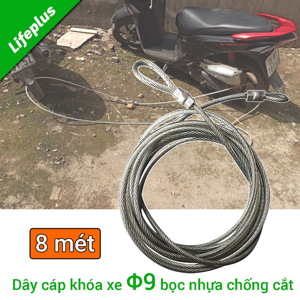 Dây cáp khóa xe máy lõi Φ9 ly chống cắt bọc nhựa dài 8m