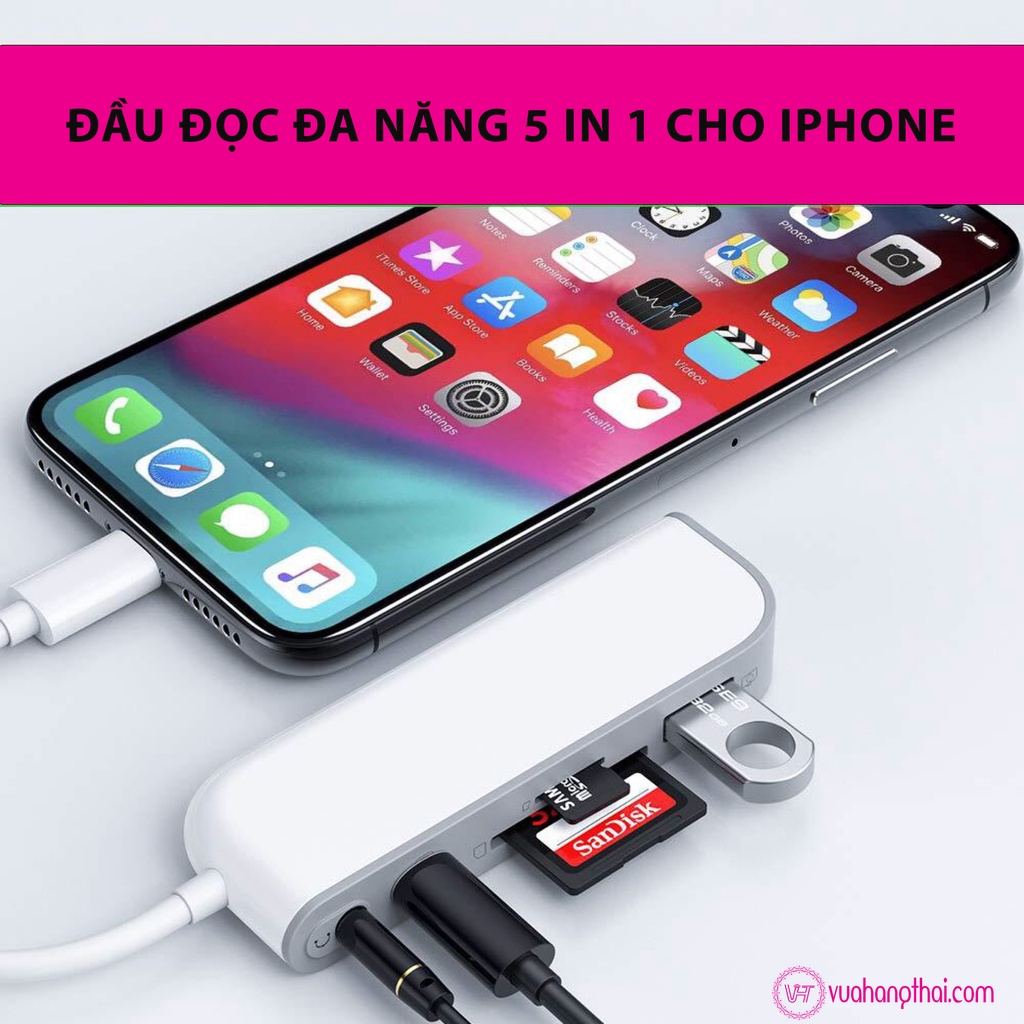 Bộ Chuyển Đổi 5 Trong 1 Lightning Sang USB OTG, Bộ Đầu Đọc Thẻ Nhớ SD/TF Cáp OTG Cho iPhone 12 11 X XS 8/7 iPad USB 3.0