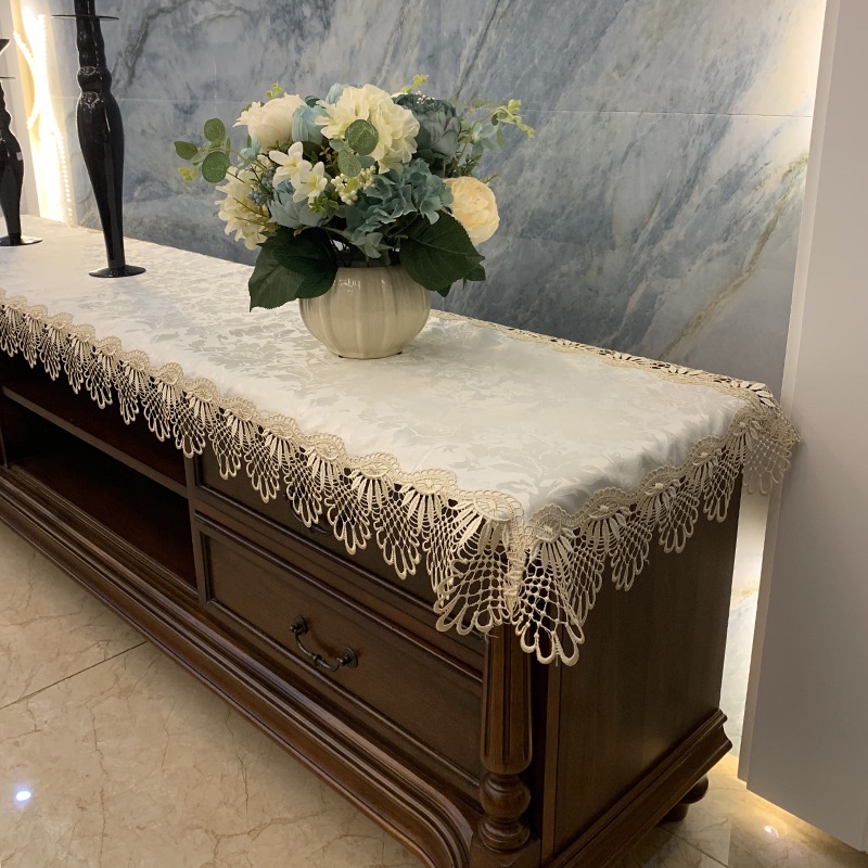 Khăn Trải Bàn Dài Hình Chữ Nhật Phối Ren Chống Bụi Trang Trí Phòng Khách Ốp