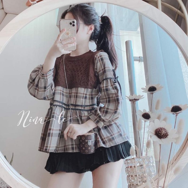 Áo babydoll kẻ caro phối len siêu xinh
