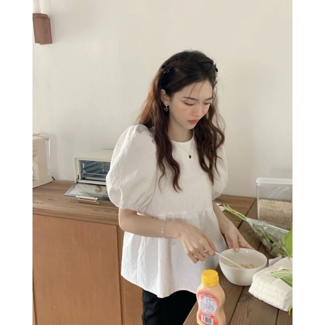 Áo Babydoll Vải Nhăn Tay Bồng Bo Chun Nơ Xinh Xắn Phong Cách Retro ❤️