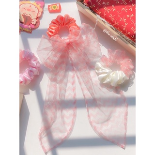 Dây buộc tóc Scrunchies Nơ dài Voan sọc hồng