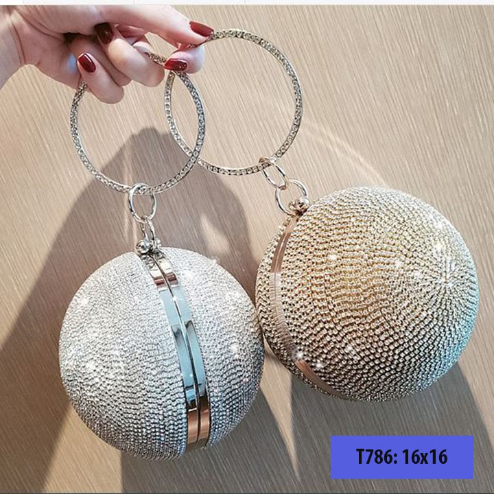 Ví nữ cầm tay dự tiệc đẹp, bóp cầm tay nữ dự tiệc, cưới đính đá dạng tròn sang trọng - T786