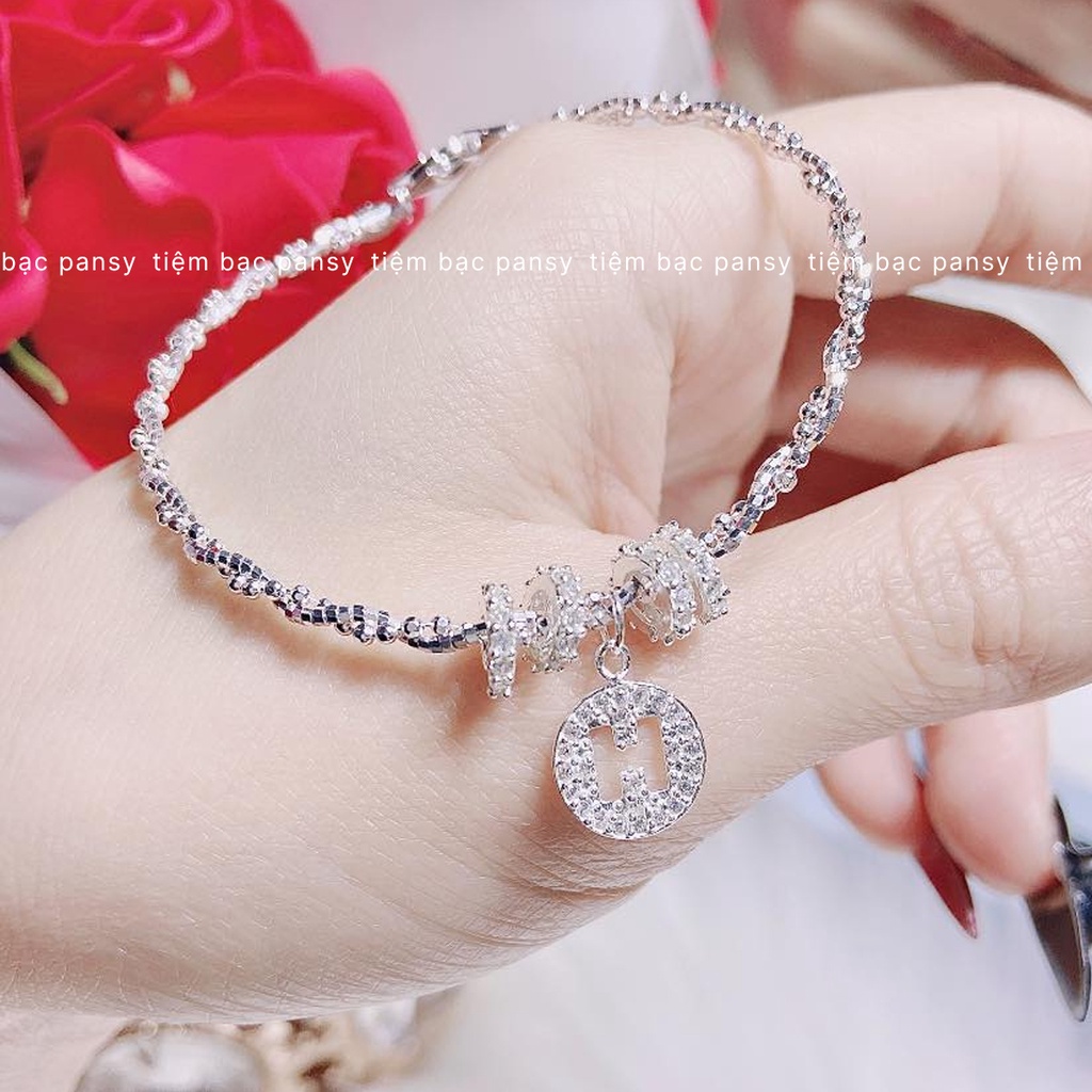 Vòng tay bạc nữ PANSY mix charm chữ cái lấp lánh - Lắc tay xoắn bạc ta cao cấp treo kí hiệu tên riêng