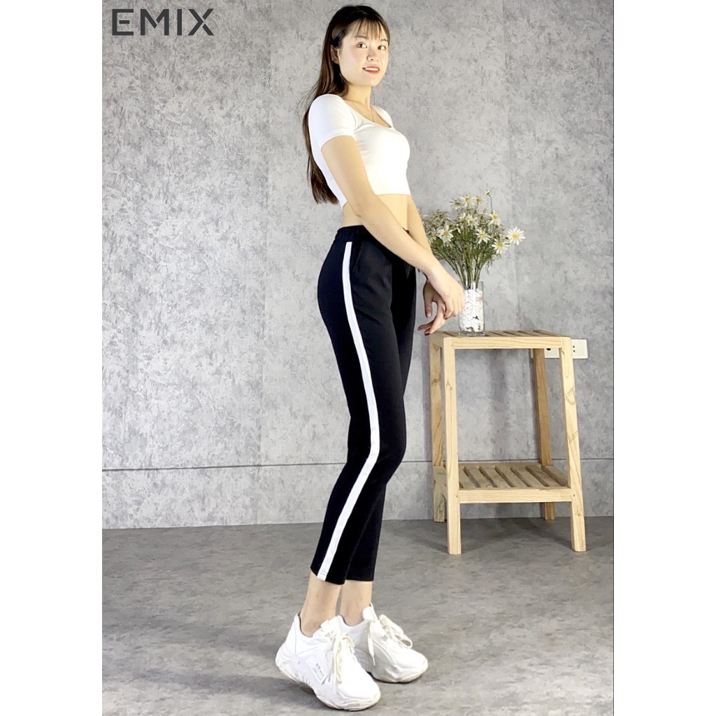 Quần thể thao nữ 1 sọc  trắng EMIX (màu đen), cạp chun thoải mái, chất umi co giãn tốt, cá tính, trẻ trung