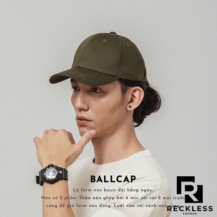 Nón Bóng Chày Lưỡi Trai Màu Rêu Trơn Reckless Capman Signature Ballcap Vải Kaki Cotton