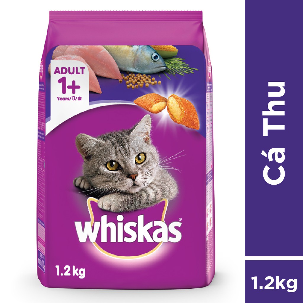 WHISKAS® thức ăn mèo lớn vị cá thu 1.2kg + túi dạng sốt vị cá ngừ 80g (6 gói) + túi dạng sốt vị cá biển 80g (6 gói)