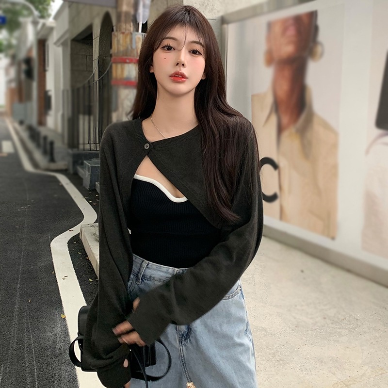 Bộ Áo Croptop Dệt Kim Ngắn 2 Món + Áo Hai Dây Màu Khối Thời Trang Cho Nữ