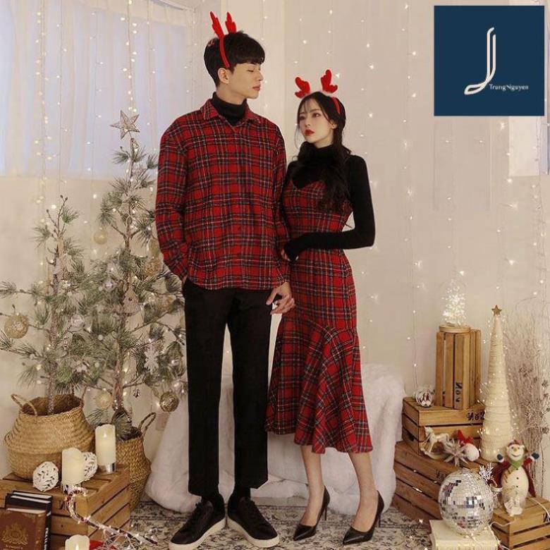 Đồ đôi nam nữ 💖𝑭𝑹𝑬𝑬𝑺𝑯𝑰𝑷💖 Áo cặp váy sơ mi thời trang couple hàn quốc sọc kẻ caro màu đỏ 2 dây đẹp AV32 KRE