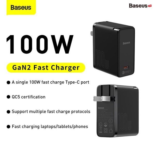 Bộ sạc nhanh PD 100W Baseus GaN2 Pro củ 1 cổng Type-C, kèm dây Type-C to Type-C, dài 1.5m, chân cắm gấp gọn