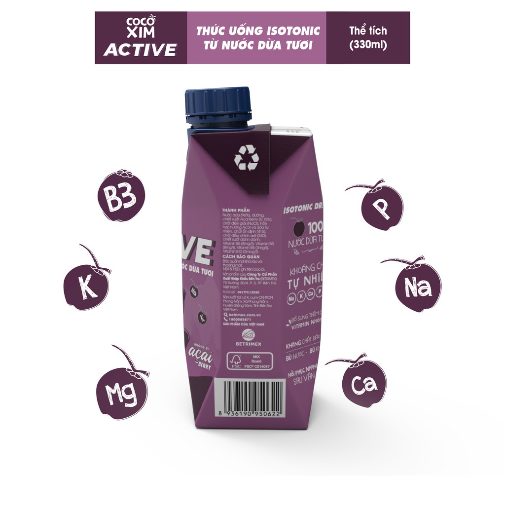 Cocoxim Active - Thức uống Isotonic từ nước dừa tươi vị Acai Berry dung tích 330ml/Hộp