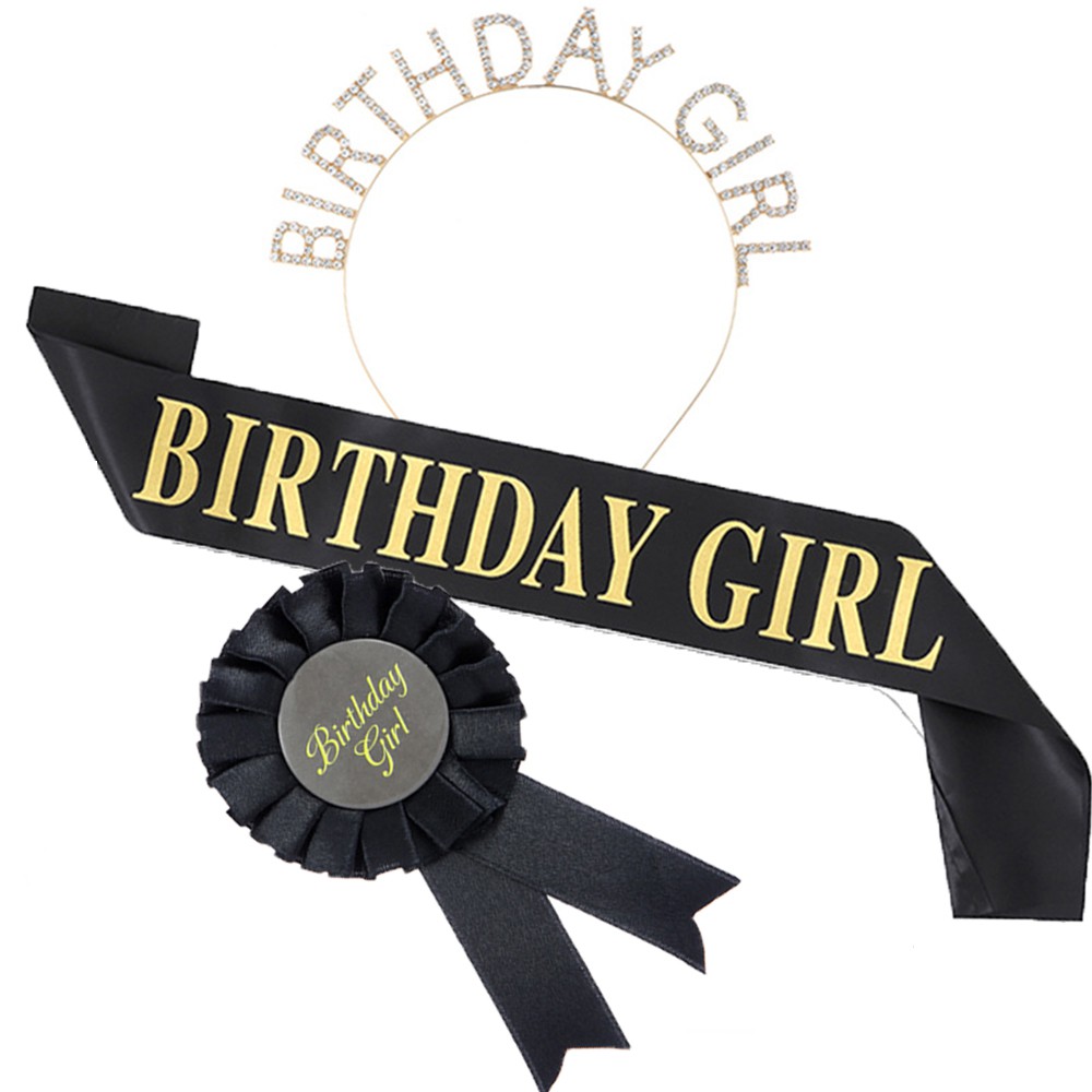 PATH Black Ribbon Hair Band Celebrate Happy Birthday Birthday Girl with Crown Luminescent Sash Corsage Queen|Birthday Girl Birthday headdress