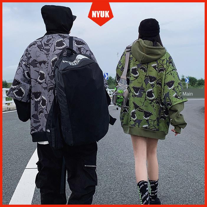 Áo Hoodie Tay Dài Giả Hai Lớp In Họa Tiết Cá Mập Phong Cách Hip Hop Thời Trang Năng Động