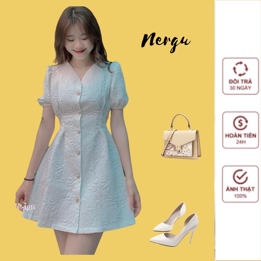 Váy Trắng Gấm Sốp Dáng Xòe Đầm Ngắn Cổ V Tay Bồng Đáng Yêu