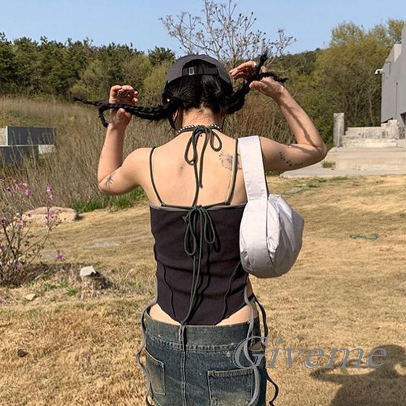 Áo Crop Top Không Tay Hở Lưng Dáng Ôm In Họa Tiết Thời Trang Cho Nữ