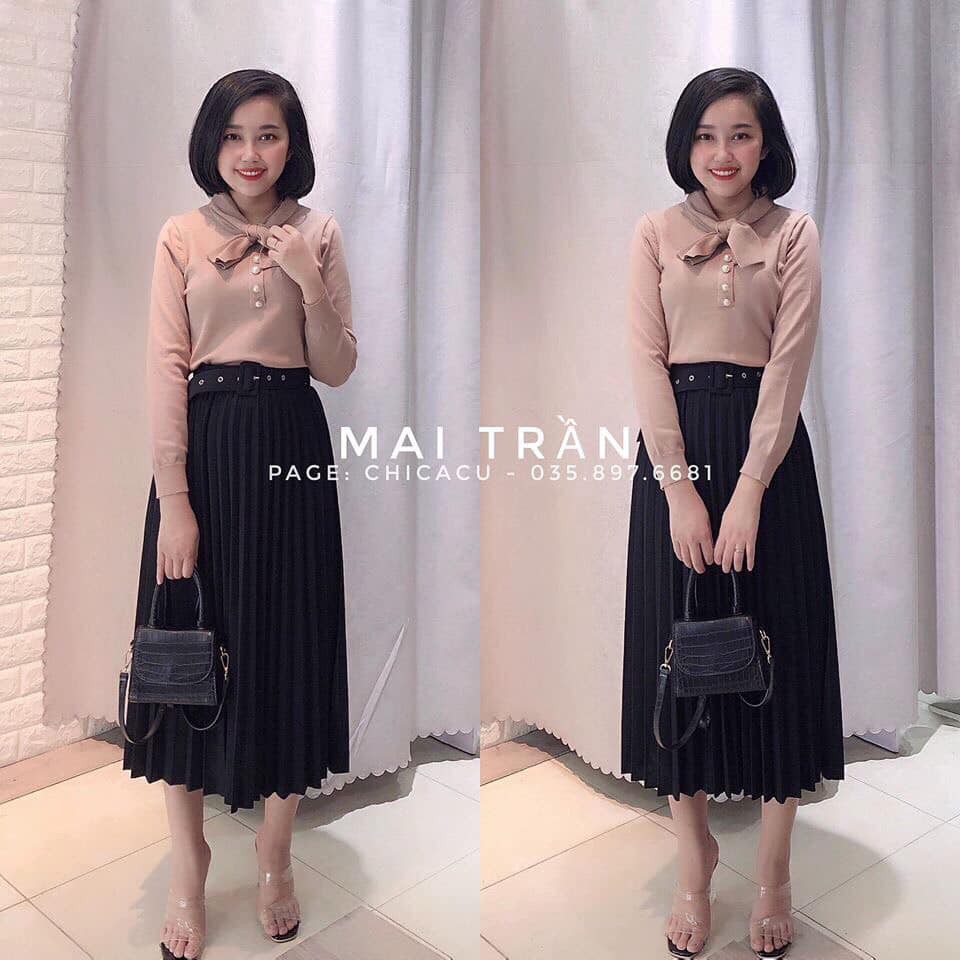 Áo len 2 cổ Nơ Xỏ cúc ngọc mã 771 (kèm ảnh thật,video)