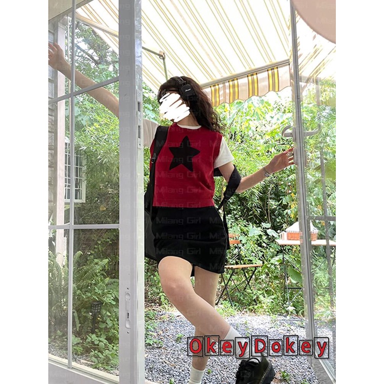 Áo Sweater Dệt Kim Sát Nách Cổ Tròn In Hình Ngôi Sao Thời Trang Thu Đông Cho Nữ ODokey-Y2K