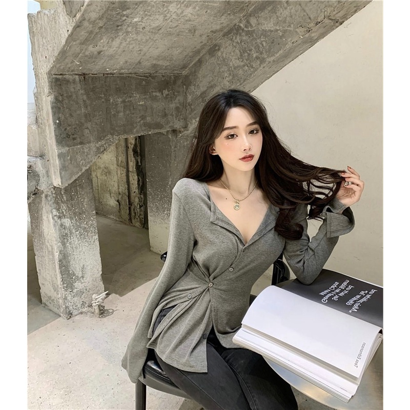 Áo tay dài xẻ tà thời trang mùa thu cá tính