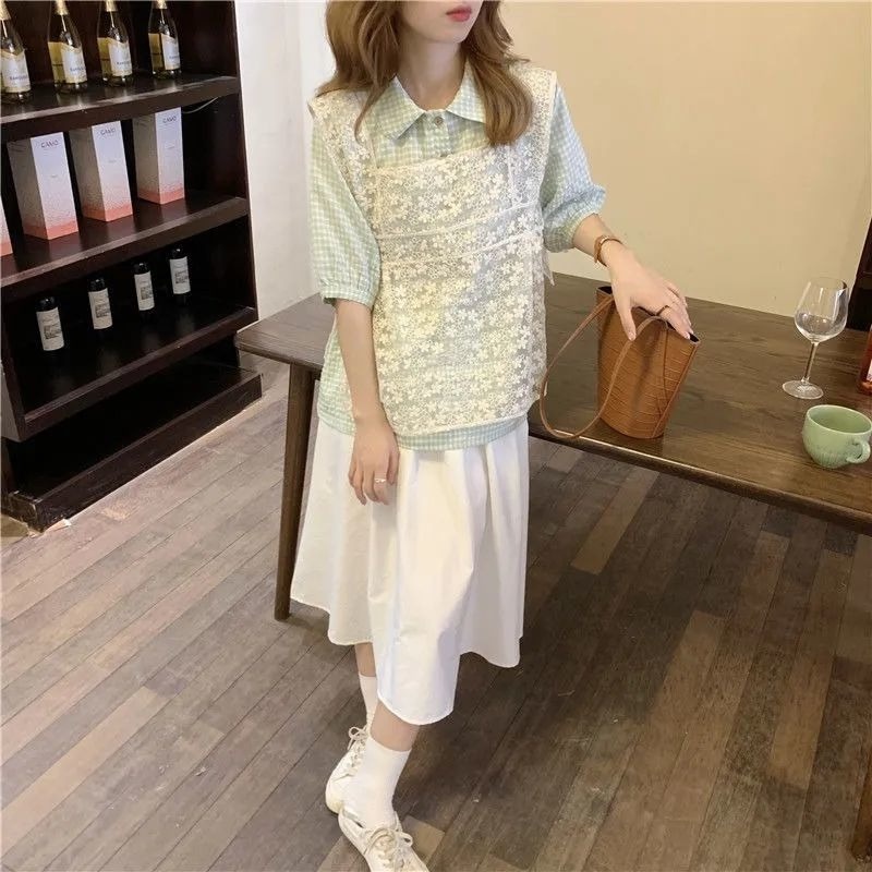 Set Áo Ren Cộc Tay Và Chân Váy Caro Thời Trang Nữ