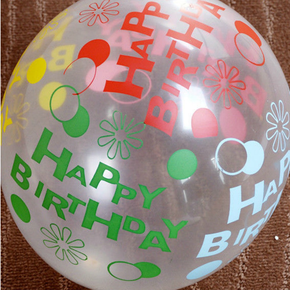Bộ 50 bong bóng trong suốt loại lớn 12in in chữ màu happy birthday