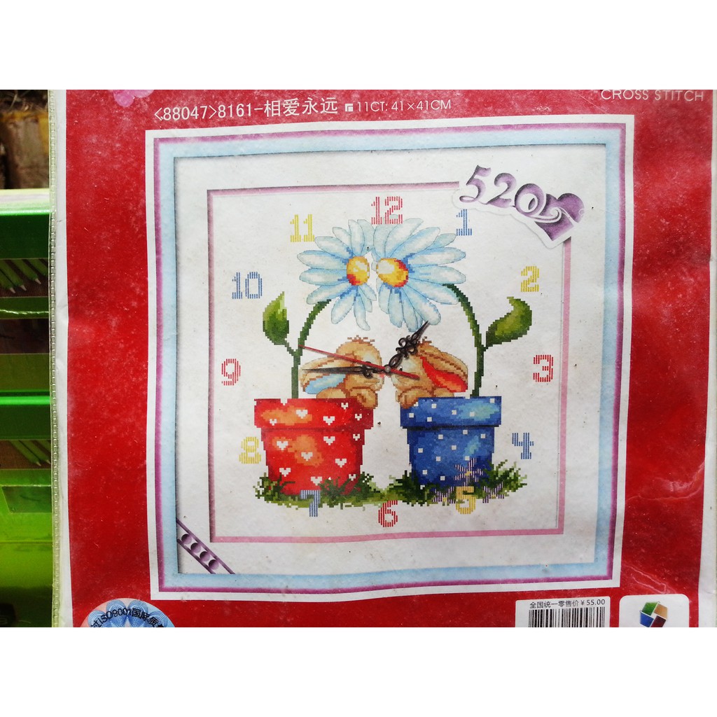 tranh thêu đồng hồ thỏ 8161