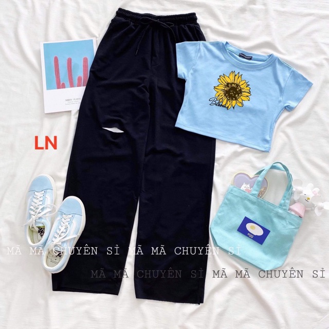 Sét crt cúc vàng Blo + quần rộng rách DAN876