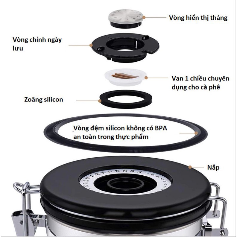 Hộp đựng cà phê chuyên dụng có theo dõi ngày lưu và van xả CO2 kèm muỗng định lượng